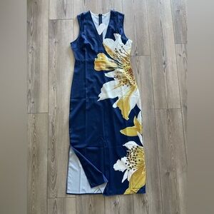 Navy Asymmetrical Dress with Yellow Floral Design